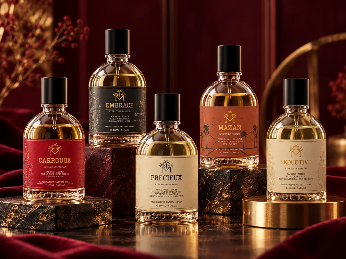 مجموعه عطرهای مودون شامل سداکتیو، مازان، کاروژ، پرسیوکس و امبریس با رایحه‌های شیرین، میوه‌ای و گلی