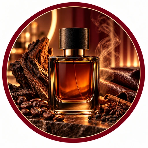 شیشه عطر کهربایی مردانه در کنار چوب تیره و ادویه‌ها با قاب زرشکی و طلایی