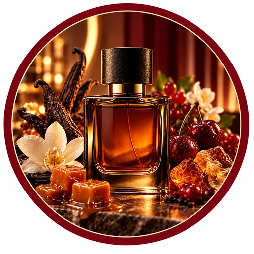 شیشه عطر کهربایی در کنار وانیل، کارامل و میوه‌های قرمز با قاب زرشکی و طلایی