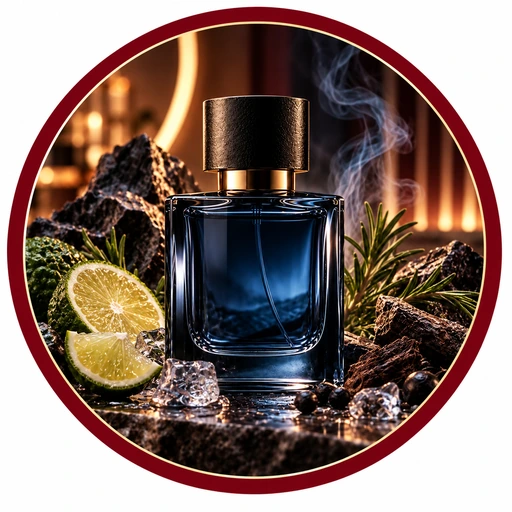 شیشه عطر آبی در کنار مرکبات، یخ و گیاهان معطر با حاشیه زرشکی و طلایی