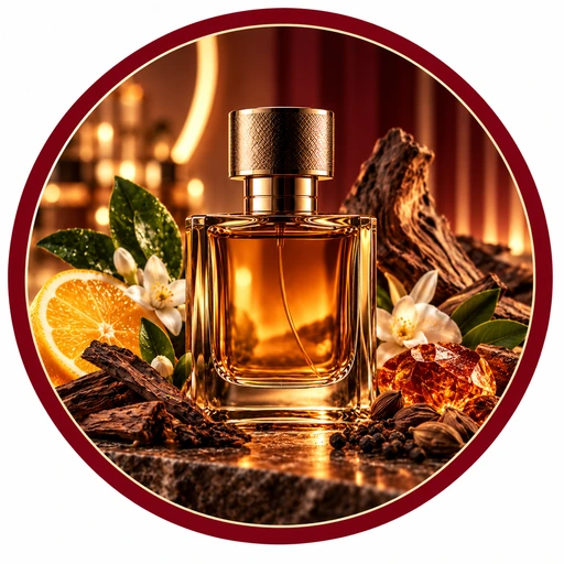 شیشه عطر کهربایی یونیسکس در کنار گل‌های سفید، مرکبات و چوب‌های معطر