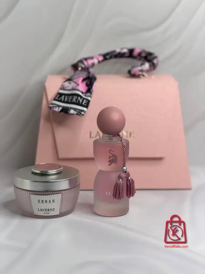 پک کامل عطر ادکلن جورجینا رودریگز سنس لاورن صورتی حجم 75 میل + پودر بدن + کیف Laverne Sense Georgina Gift Set For Women