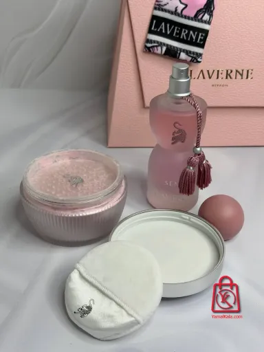 پک کامل عطر ادکلن جورجینا رودریگز سنس لاورن صورتی حجم 75 میل + پودر بدن + کیف Laverne Sense Georgina Gift Set For Women